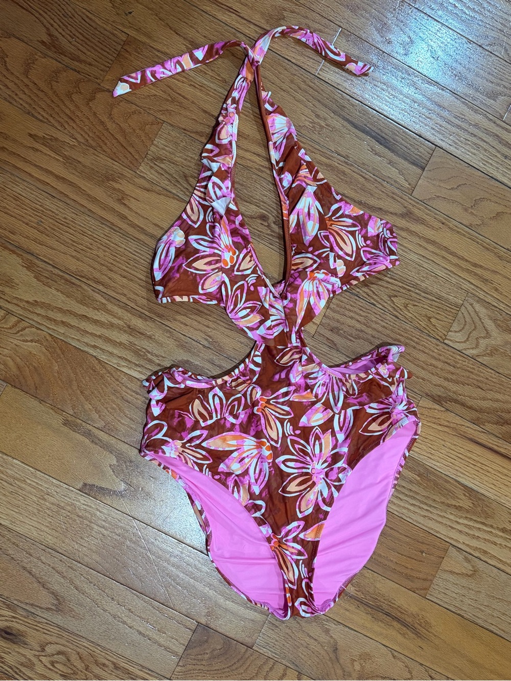 aerie Pink and Brown Floral Cutout Halter One-Piece Swimsuit